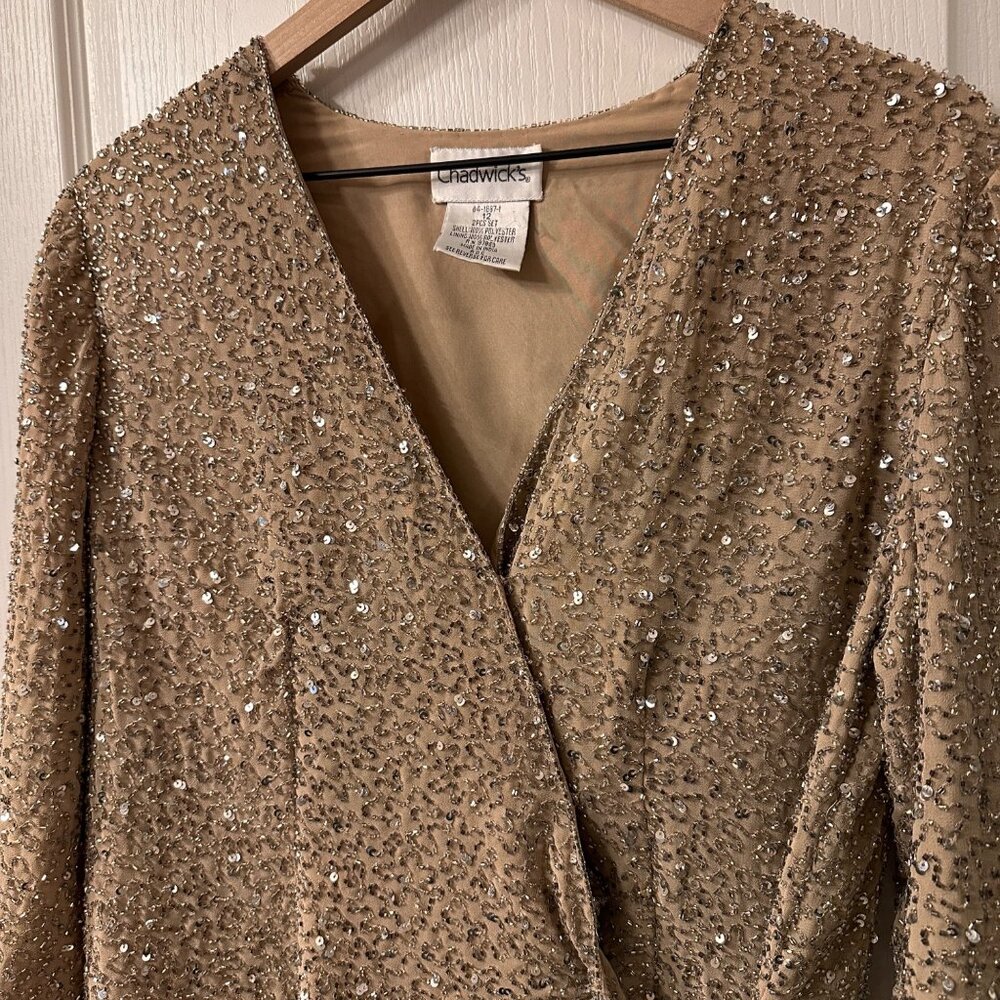 Chadwicks | Sz 12 All Over Sequin Beaded Champagne Wrap Jacket Shell Evening - Picture 2 of 10